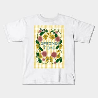 Spring Time Floral Wreath with Yellow Daisies, Caterpillar, Magpie, and Ladybug on Plaid | pink, yellow Kids T-Shirt